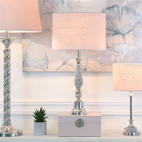 Nickel Diamante Candlestick Table Lamp With Pink Velvet Sparkle Shade