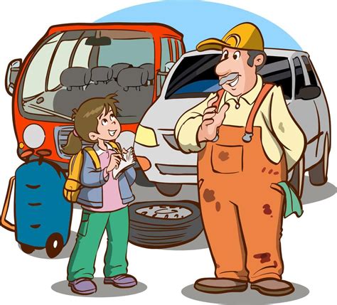 girl talking to car mechanic cartoon vector 17330759 Vector Art at Vecteezy