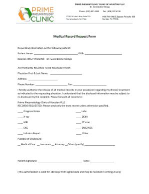 Fillable Online Medical Record Request Form Prime Rheumatology Clinic