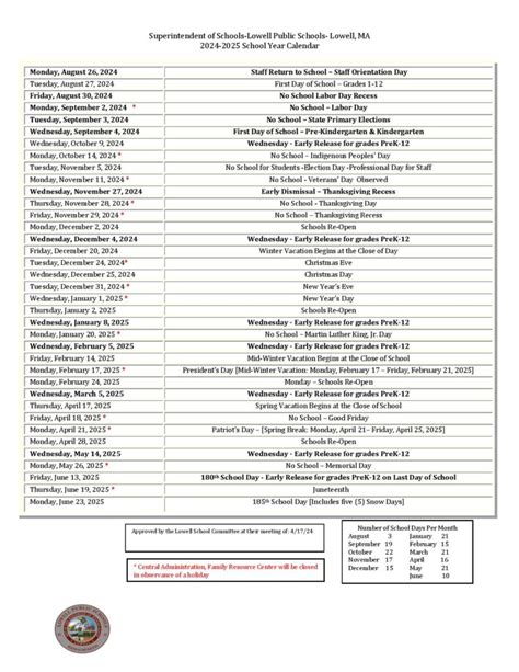 Lowell Public Schools Calendar 2024-2025 in PDF