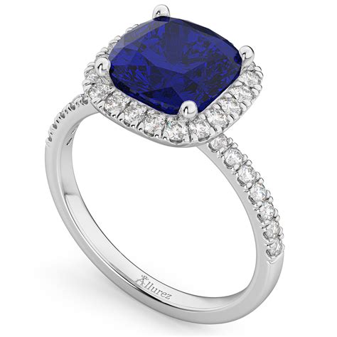 Cushion Cut Halo Blue Sapphire Diamond Engagement Ring 14k White Gold