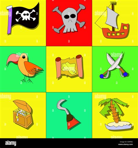 Illustration of pirate symbols with skull, ship, treasure, flag, parrot and swords Stock Photo ...