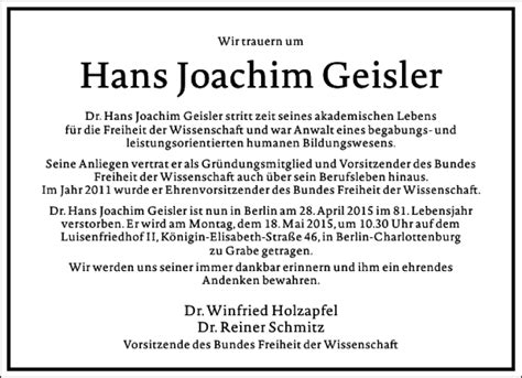 Traueranzeigen Von Hans Joachim Geisler Frankfurter Allgemeine Lebenswege