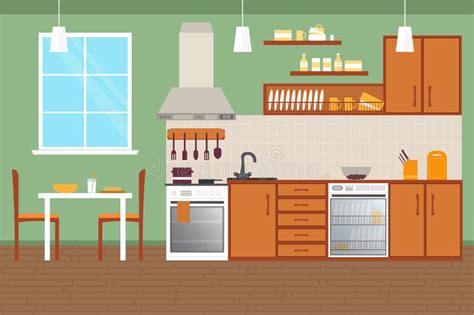 Cocina Interior Con Muebles Ilustración Vectorial De Estilo Plano