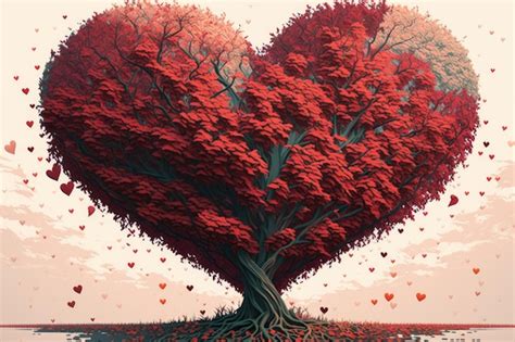 Un árbol en forma de corazón con hojas rojas y raíces en forma de