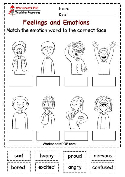 Match The Emotion Word To The Correct Face Worksheets Pdf