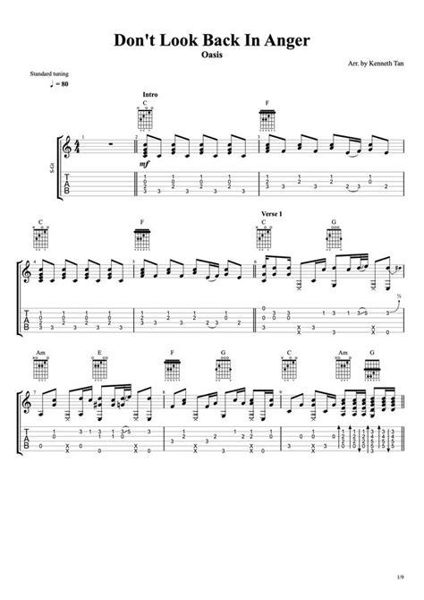 Oasis Don T Look Back In Anger Fingerstyle Guitar Sheet Music