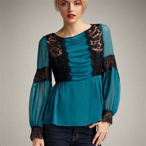 Lace Detail Long Sleeve Blouse Chiffon Tops Nanette Lepore Dress