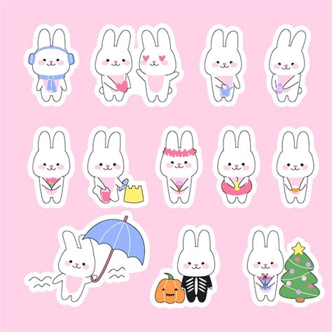 Premium Vector | Set of 12 stickers cute kawaii rabbits Funny bunny ...