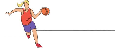 Een Doorlopende Lijntekening Van Een Jonge Basketbalvrouw Die Een Bal