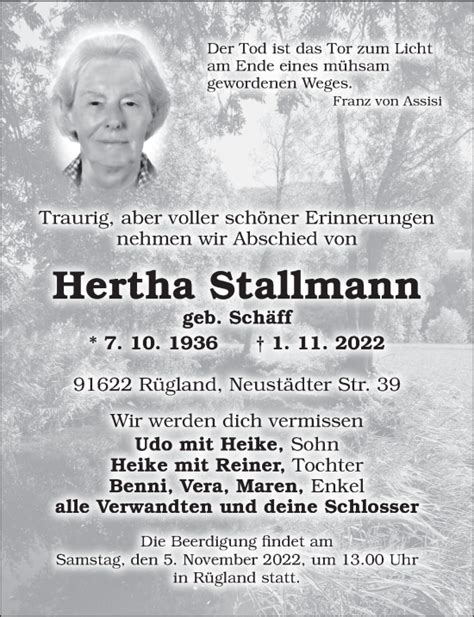 Traueranzeigen Von Hertha Stallmann Trauer Flz De