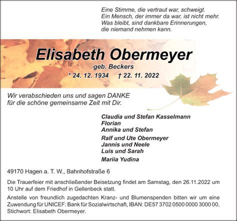 Traueranzeigen Von Elisabeth Obermeyer Noz Trauerportal