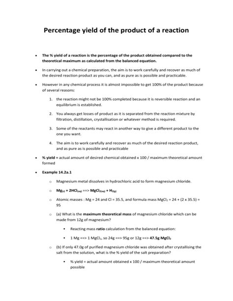 Percentage Yield Of The Product Of A Reaction