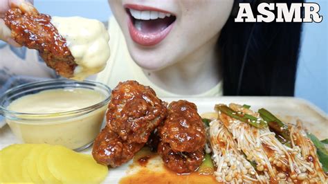 Asmr Korean Fried Chicken Spicy Enoki Mushroom Cheese Sauce Eating