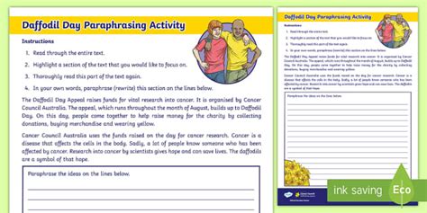 Free Daffodil Day Paraphrasing Worksheet Teacher Made Worksheets