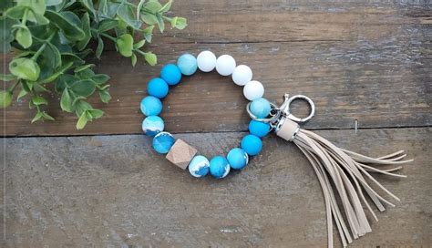 Summer Silicone Bead Wristlet Blue Ocean Beaded Keychain Ocean Wave