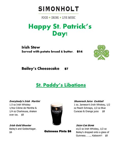 St Patrick Day Menu Simonholt Restaurant Food Drink Live Music