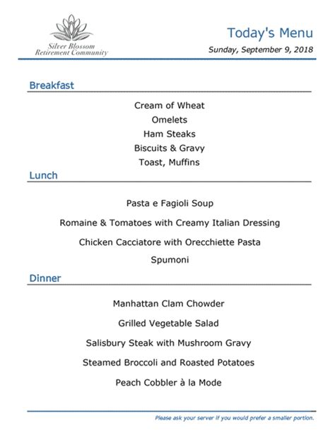 Assisted Living Menu Templates Free Printable