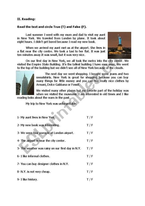 An English Worksheet With Pictures Of The Statue Of Liberty And Other