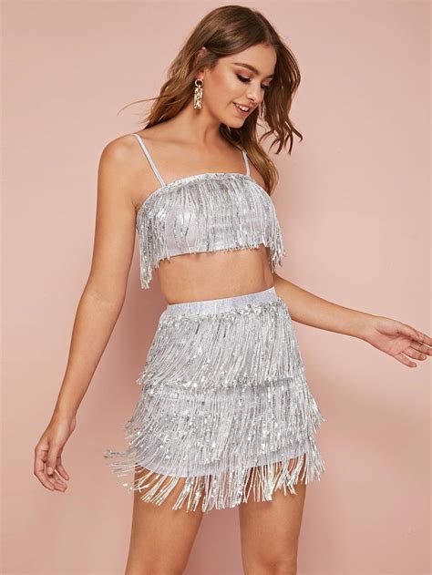 SHEIN Sequin Fringe Trim Metallic Cami Top Skirt Set Top Skirt Set