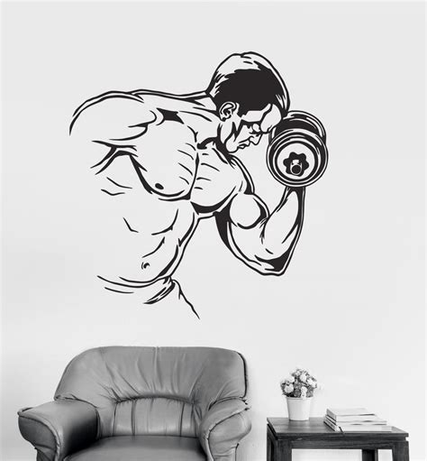 Vinyl Wall Decal Gym Fitness Bodybuilder Man Dumbbell Sports Stickers