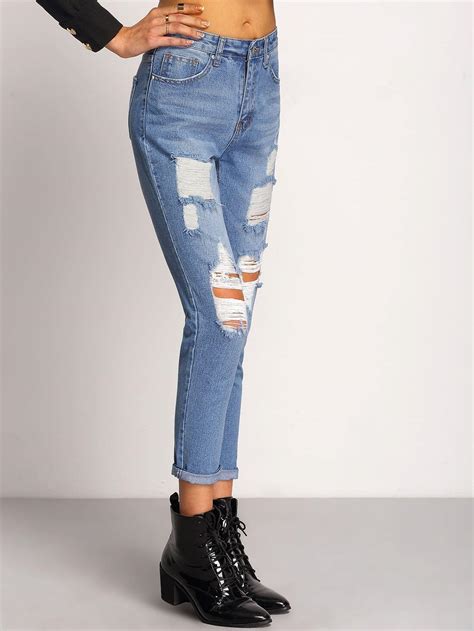 Blue Slim Ripped Denim Pant SheIn Sheinside