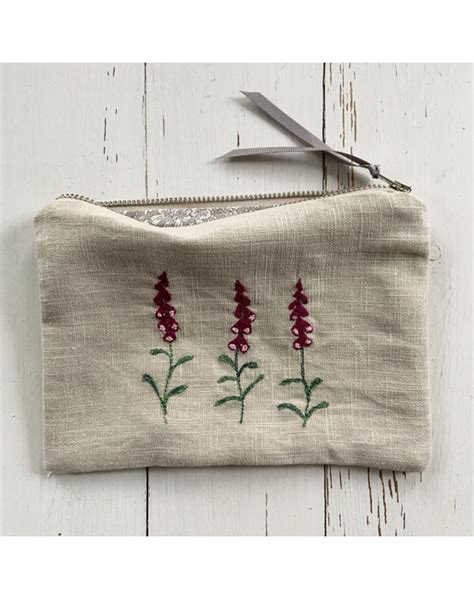 Embroidered Foxglove Flowers Linen Pouch Sarah Becvar Design