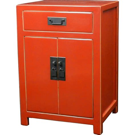 Chinese Orange Red Lacquered Bedside Table