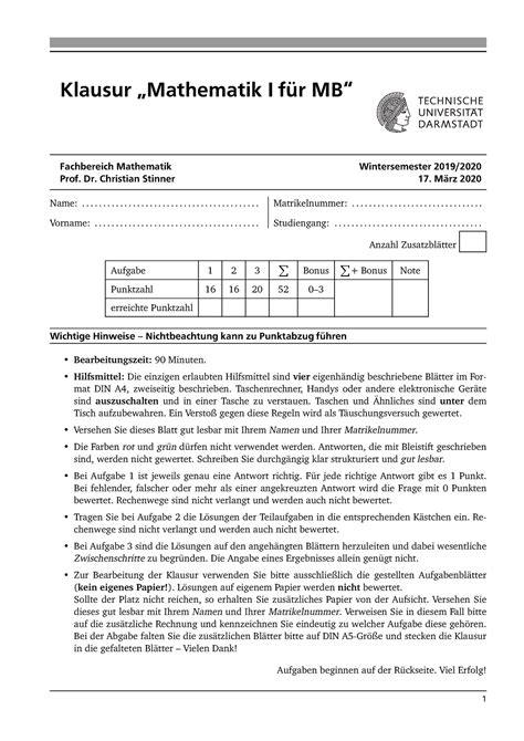 Mathe 1 Klausur 19 20 Lösungen Klausur Mathematik I für MB