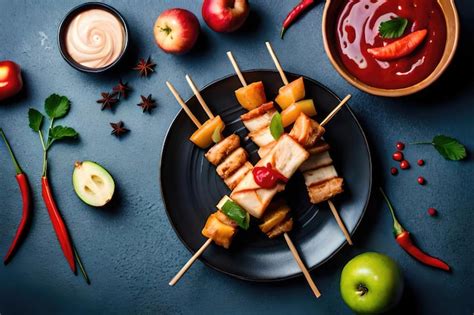 Premium AI Image | Chicken kebab skewers on a plate over light grey ...