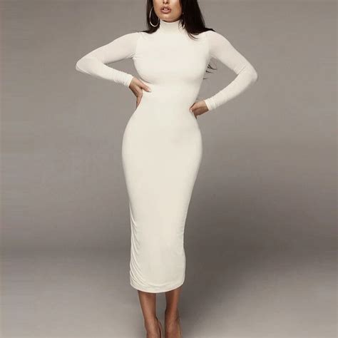 Long Sleeve Turtleneck Maxi Bodycon Dress Power Day Sale