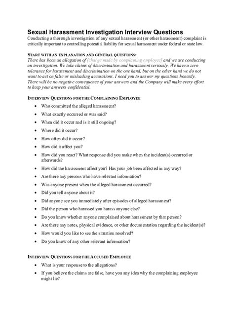 Fillable Online Sample Questions To Ask In A Sexual Harassment