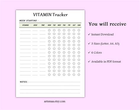 Vitamin Tracker Printable Daily Vitamin Checklist Weekly Supplement