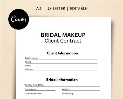 Editable Bridal Makeup Contract Template Canva Template Etsy