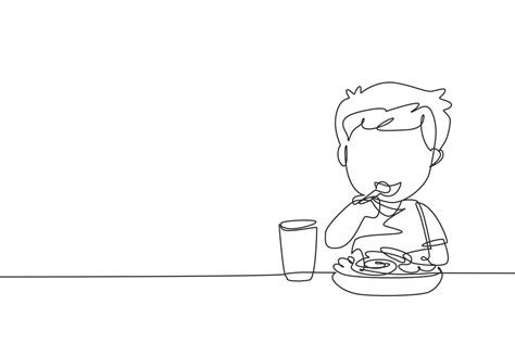 Single one line drawing boy eating healthy morning breakfast food ...