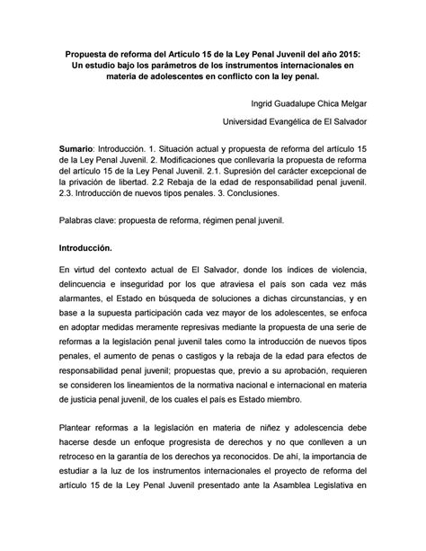 Propuesta De Reforma Del 15 Artículo De La Ley Penal Juvenil