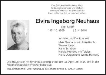 Traueranzeigen Von Elvira Ingeborg Neuhaus Trauer Hna De