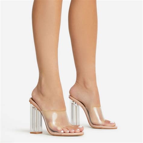 Fusion Peep Toe Perspex Block Clear Heel Mule In Nude Patent EGO