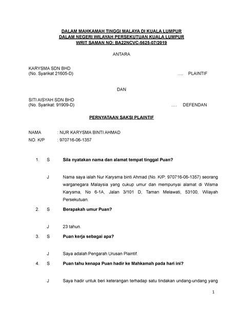 Pernyataan Saksi Civil Procedure Dalam Mahkamah Tinggi Malaya Di