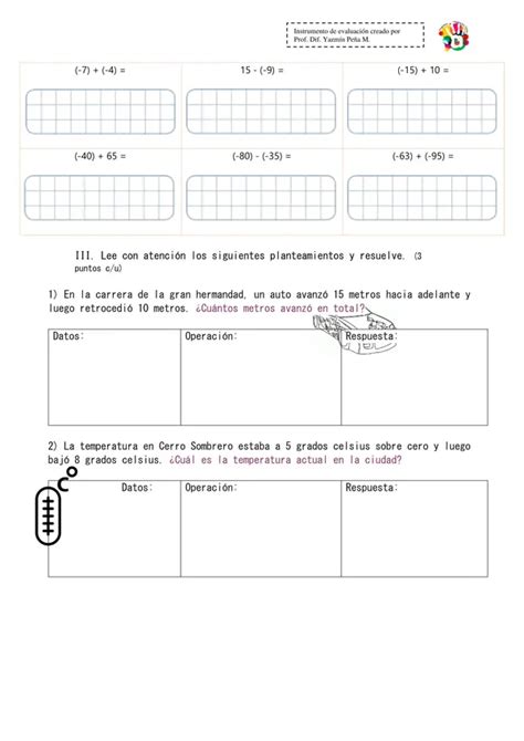 Evaluación De Adición Y Sustracción De Números Enteros Profe Social