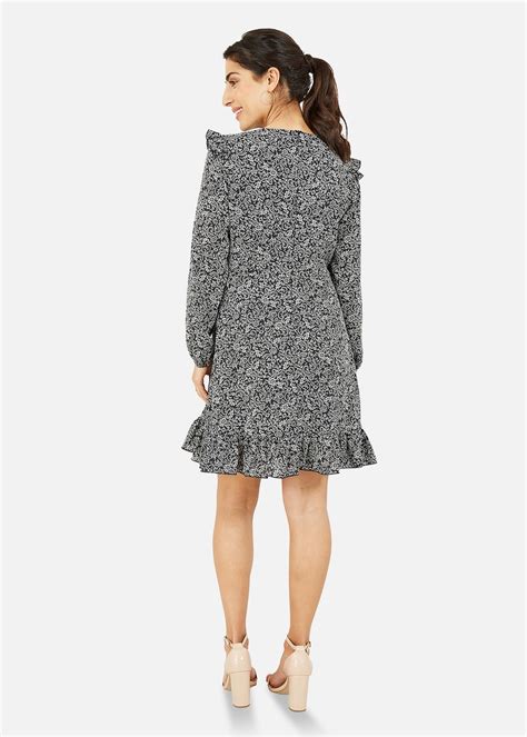 Mela Black Paisley Skater Dress With Frill Shoulders Matalan