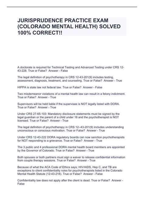 JURISPRUDENCE PRACTICE EXAM (COLORADO MENTAL HEALTH) SOLVED 100% ...