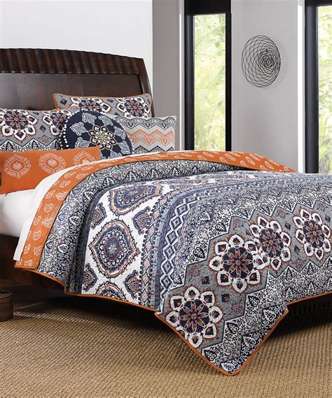 Greenland Home Fashions Orange And Blue Medina Saffron Cotton Quilt Set