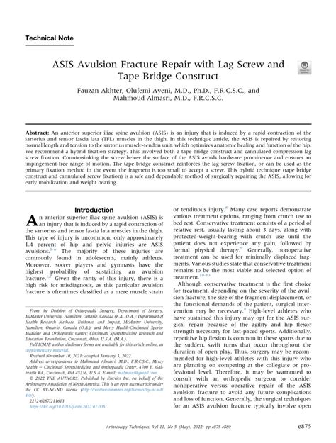 (PDF) ASIS Avulsion Fracture Repair with Lag Screw and Tape Bridge ...