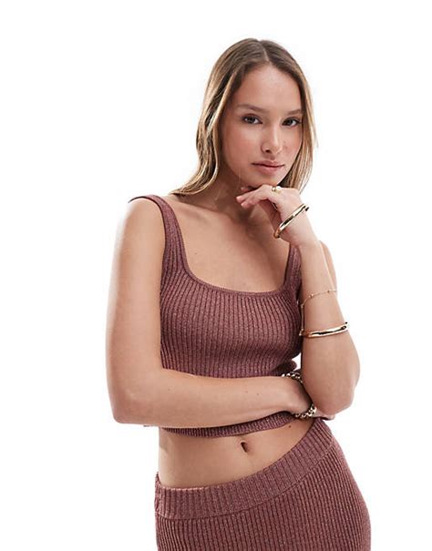 Asos Design Knitted Cami Top With Scoop Neck In Metallic Yarn In Brown Co Ord Asos