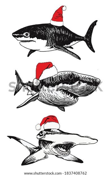 Graphical Set Sharks Santa Claus Hat Stock Vector Royalty Free