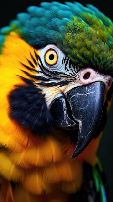 A close-up photograph of a macaw parrot, emphasizing the vibrant colors ...