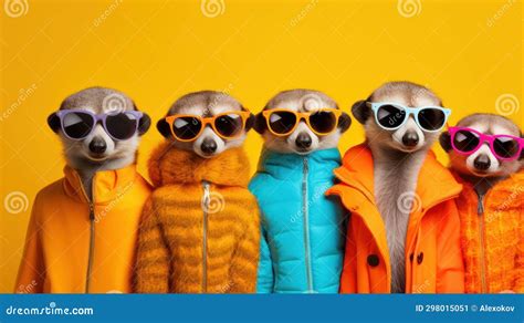 Group Of Funny Lemurs In Sunglasses And Raincoat On Yellow Background Generative Ai Stock