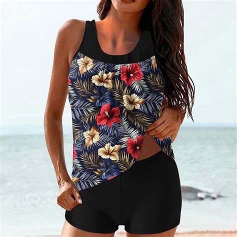 QUNYINEY Womens Swimsuits Tankini Floral Bikini Two Piece Bathing Suit High Waisted Scoop Neck