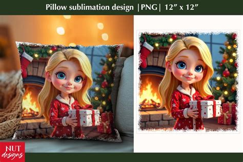 Christmas Pillow Blonde Girl With Gift